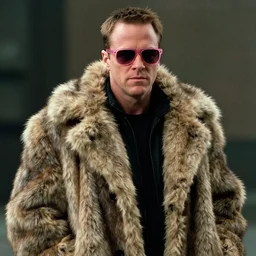 film still of Edward Norton as Tyler Durden wearing big fur coat and pink sunglasses in Fight Club 1999