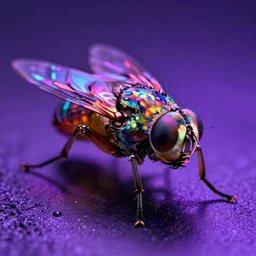 high quality photo glowy iridescent mutant fly! jeweled very beautiful! highly detailed digital art david ligare elson peter cinematic purple neon lighting high quality low angle hd 8k sharp shallow depth of field