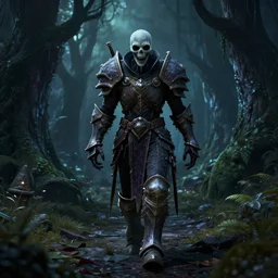 film cinematic still of undead rogue in epic armor walking trough dark forest of tirisfal glades from world of warcraft, unreal engine 5, tim burton, 3 d render, 4 k hd picture, trending on artstation, deviantart, volumetric lighting, post processing