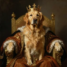 portrait painting of noble king golden retriever, sit on throne, proud look, dressed like ancient king, wearing crown, dramatic lighting, epic painting, rembrandt van rijn