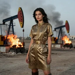 fashion editorial in Kuwait oil fields burning fire 1991. highly detailed. depth of field. high definition. 8k. photography.