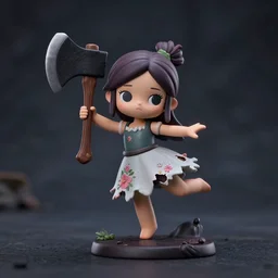 an ominous femo figurine of a cute funny axe wielding fairy with freckles wearing a frilly floral torn dress featured on left 4 dead by studio ghibly and disney, carrying a woodcutter's hatchet, dark and moody, wide angle, dynamic dancing pose, 🎀 🪓 🧚