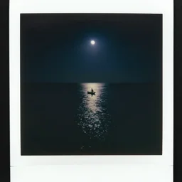 birds eye view, haunted vhs glitch polaroid of a distant quetzalcoatl sailing through deep blackness. black bay, stars strange perspective, depths, ethereal lighting. nighttime setting with the moon reflecting off the water