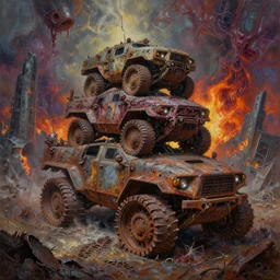 oil painting nightmare macerated epic tiered vehicles used for future military rusted demon barbed footprints treads hooped around destroyed atomic torn landscape, burning sky of primoridal slimes dropping into in terrifying necrotized skins, cinematic, fine art, ornate masterpiece, hyper detailed by geof darrow and built by alex nino