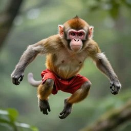 angry monkey wearing shorts flying in the air, highly detailed, 8 k, masterpiece, super resolution.
