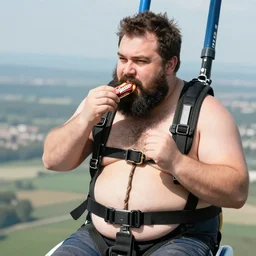 a fat guy with a black beard eating a viennetta while on a jet pack