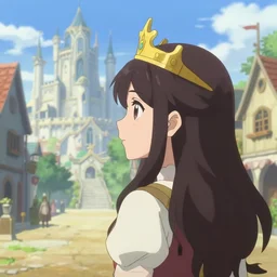 anime frames, anime visual, portrait of a young woman wearing a crown in the medieval city square looking at the fantasy palace in the distance, cute face by ilya kuvshinov, alphonse mucha, dynamic pose, dynamic perspective, rounded eyes, moody, psycho pass, kyoani, gustav klimt yoh yoshinari