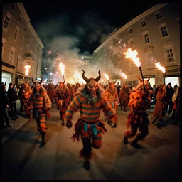 kodak portra 4 0 0, award winning dynamic fisheye photograph of hundreds of hazardous krampus, pelzebug, devils, by robert capas, in muted colours, striped orange and teal, motion blur, on a street in salzburg at night with colourful exploding pyro fire and torches, running fast towards the camera
