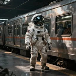 anthropomorphic cosmonaut waiting for the train, dystopian art, artstation, photorealistic rendering, concept art