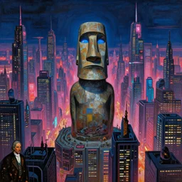 sprawling cyberpunk neon metropolis built around a giant blue - eyed moai statue god. painting by jan van eyck, roger dean, ricardo bofill, moebius, caspar david friedrich, max ernst, agnes pelton, munch