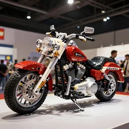wide shot lens photo of a very intricately detailed and epically shaped a life sized harley davidson lego model designed by a master builder as displayed at a lego convention, low angle shot.