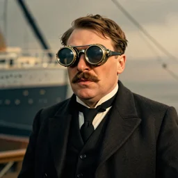 josef stalin in the titanic wearing big steampunk googles, photo by gustave baumann