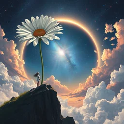 giant white daisy flower over head, girl standing on rocky cliff, surreal photography, solar eclipse, milky way, dramatic light, impressionist painting, colorful clouds, digital painting, artstation, james gilleard, liam wong, jeremy mann, simon stalenhag