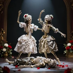 two female skeletons dancing over a corpse, cabaret theater, red and white flowers, spotlight, renaissance, baroque, Marie Antoinette, beautiful, haunting