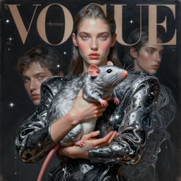 3 d, close - up, fashion model holding rat, stars, space, liquid silver metal and black water, vogue cover style, poster art, hyper detail, intricate oil painting, multiple exposure, 3 d, by tooth wu and wlop and beeple and greg rutkowski