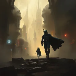a painting of a cinematic keyframe of a star wars mysterious boba fett walking into a cinematic landscape city, heavy atmosphere and smoke by greg rutkowski, rule of thirds, golden ratio, ambient lighting, wlop, artgerm, artstation, highly detailed masterpiece, dark fantasy art, high detail, trending on artstation