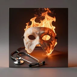 An album cover, fire, mask, stethoscope, 3d render, unreal engine