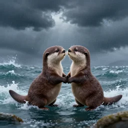 beautiful incredible fantasy illustration of a pair of adorable otters falling in love holding hands in a huge storm at sea cinematic dreamlike detailed trending on artstation masterpiece