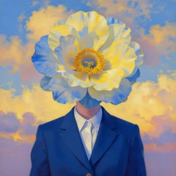 portrait, giant flower as a head, woman in suit, blue and yellow, surreal photography, golden hour, colorful clouds, impressionist painting, digital painting, artstation, simon stalenhag