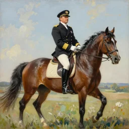 a majestic painting of Jim Cornette on horseback dressed as an admiral