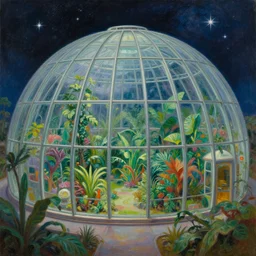 a cinematic view of the inside of a domed orbital space habitat, large indoor greenhouse with exotic plants, retrofuturism, scifi art, oil on canvas, biodome, stars in the sky above