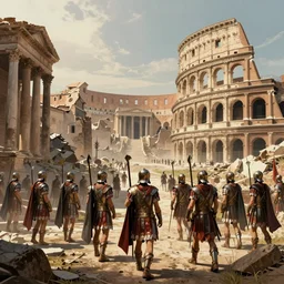 detailed ultra - realistic graphic novel illustration of patrolling legionaries, desolated city district, ancient rome, by famous digital artists, cinematic, full shot