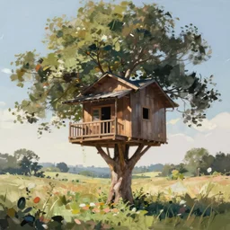 treehouse in the countryside on a sunny day, peaceful, brush strokes