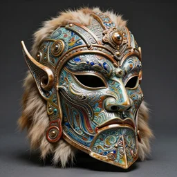 fantasy art ultra 4 k photo of a bizzare colorful metal armor warrior mask made of ceramic fur intricately spectacular magnificently carved by a master engraver by h. r. giger