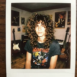 instax polaroid film photo of a pretty punk rock young man with messy very long curly dark brown hair and a band tee painting in a vintage 80s artist studio interior, old wood floors, musical instruments and band posters, messy maximalist interior, warm, nostalgia, faded glow, expired film analog photography, grainy texturized dusty, saturated colorized