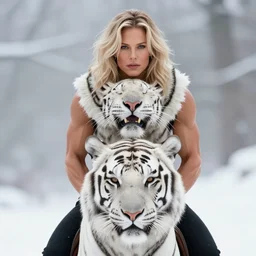 face portrait of muscled Denise Richards riding a fierce large white tiger, wintery scene, snow storm, Donato Giancola, Mark Brooks, Ralph Horsley, Charlie Bowater, Artgerm, Christopher Balaskas, Bastien Lecouffe-Deharme