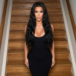 Kim Kardashian standing on wooden stairs, staring inquisitively at the camera, elegant, high detail, GQ, Vogue,
