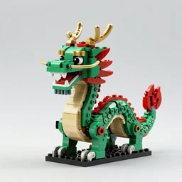 Chinese beautiful dragon, with green and red scales, golden mask, sharp teeth, made of LEGO, in the style of LEGO