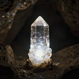a glowing crystal is sitting in a dark cave, clear focus, bokeh effect, high res, hasselblad, dslr, professional, cinematic