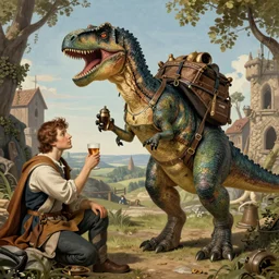 time traveling dinosaur having a drink in medieval times, in michelangelo style