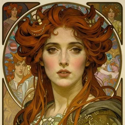 realistic detailed face portrait of Jennifer Connelly as a fairytale Goblin Queen by Alphonse Mucha, Ayami Kojima, Amano, Charlie Bowater, Karol Bak, Greg Hildebrandt, Jean Delville, and Mark Brooks, Art Nouveau, Neo-Gothic, gothic, rich deep moody colors