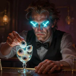 a bartender with neon glow sticks for eyes serving eyeballs in a glass, concept art, detailed face, fantasy, highly detailed, cinematic lighting, digital art painting by greg rutkowski