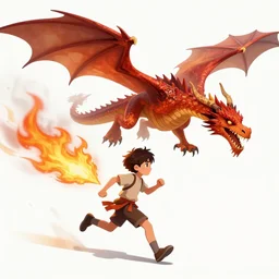 fantasy scene showing the young boy running away from the fire dragon, digital art style, illustration painting,