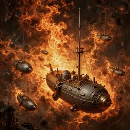 Alchemy Steampunk of a Fleet Airships before battle. By Rembrandt painting (1667), fractal flame, highly detailded