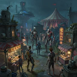 close - up of bio enhanced humans exploring small ancient city cyperpunk amusement, food stalls, distant future big top circus tent, highly detailed, nightmare, neo tokyo, digital painting, concept art, matte, art by ruan jia and wlop and greg rutkowski and makoto shinkai, masterpiece