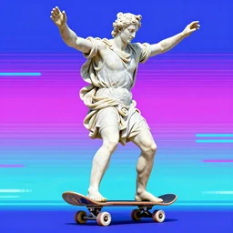 vibrant action shot of a greek marble statue riding a skateboard with vaporwave background