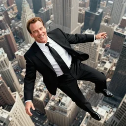 clean - shaven jon favreau as happy hogan wearing a black suit and black necktie falling down into new york city, overhead view,