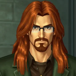 a screenshot of german guy with very long chestnut! hair, with glasses and goatee, in metal gear solid ps 1 game