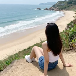 a girl sitting on a cliff overlooking a beach