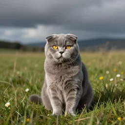 a scottish fold cat, grey fur, yellow eyes, sitting in the middle of sunny meadow