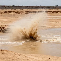 flash flood crashing through a dry desert bed