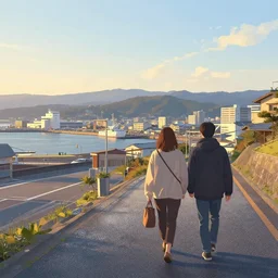 walking around misumi west port and manda pit, kumamoto, japan. volumetric lighting, dew, spring evening, clear weather, ( few clouds ), realistic illustration, golden hour, perfectly shaded, soft painting, art by krenz cushart and wenjun lin