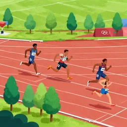 little trees racing against a person in the 1 0 0 m dash, olympics, detailed illustration, reporting