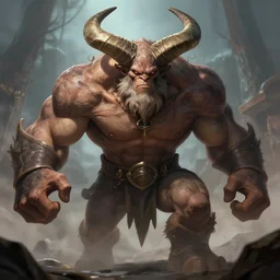 mutant man, fantasy boss fight, dramatic illustration, muscular character, huge horns, art by greg rutkowski, digital art, artstation