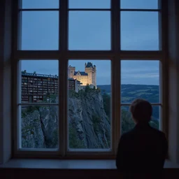 figure looking through a wide window, castle library, nightfall, lonely, cliff landscape, photorealistic by michael komarck, greg rutkowski, victo ngai, artgerm, willem claesz heda