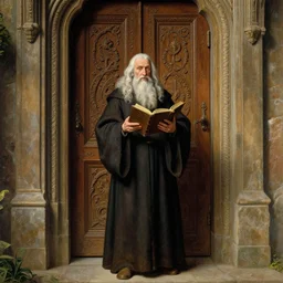 an old wizard in robes holding a book standing in front of an elaborate ancient wooden door, beautiful colourful fantasy rendering,  Agnolo Bronzino, Simon Stälenhag, ilm, beeple, N.C. Wyeth